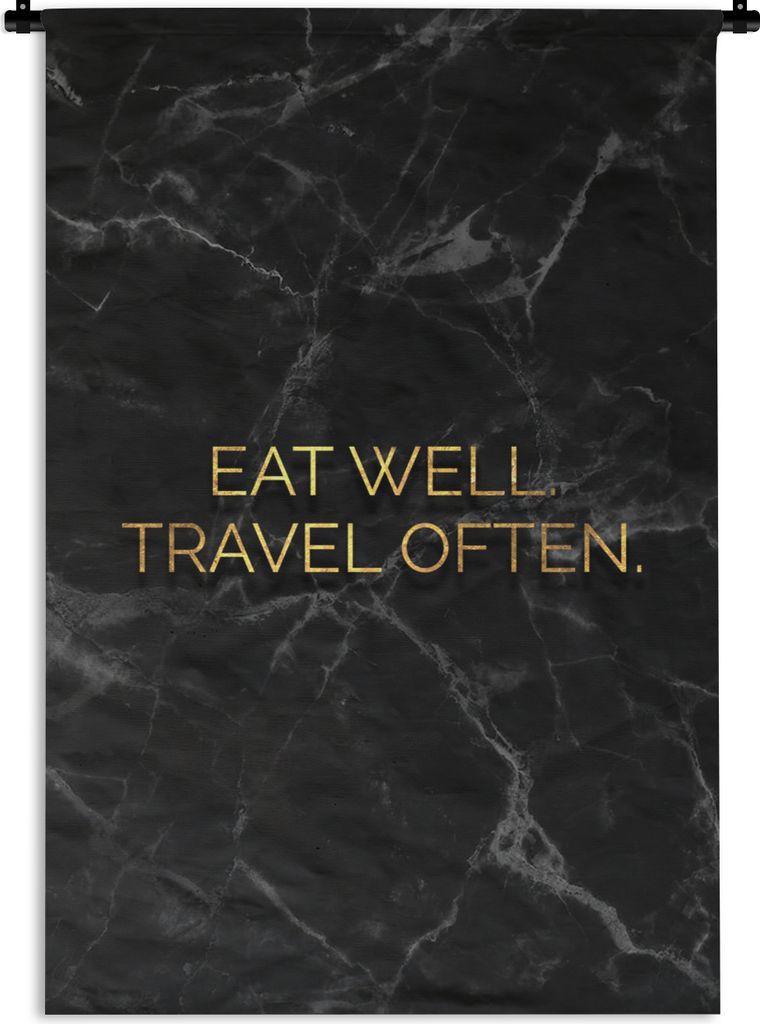 MuchoWow Wandteppich Wandbehang Zitat - Essen - Reisen - Gold 90x135 cm Tapisserie Dekoration Wandtuch - Baumwolle - Wandskulptur