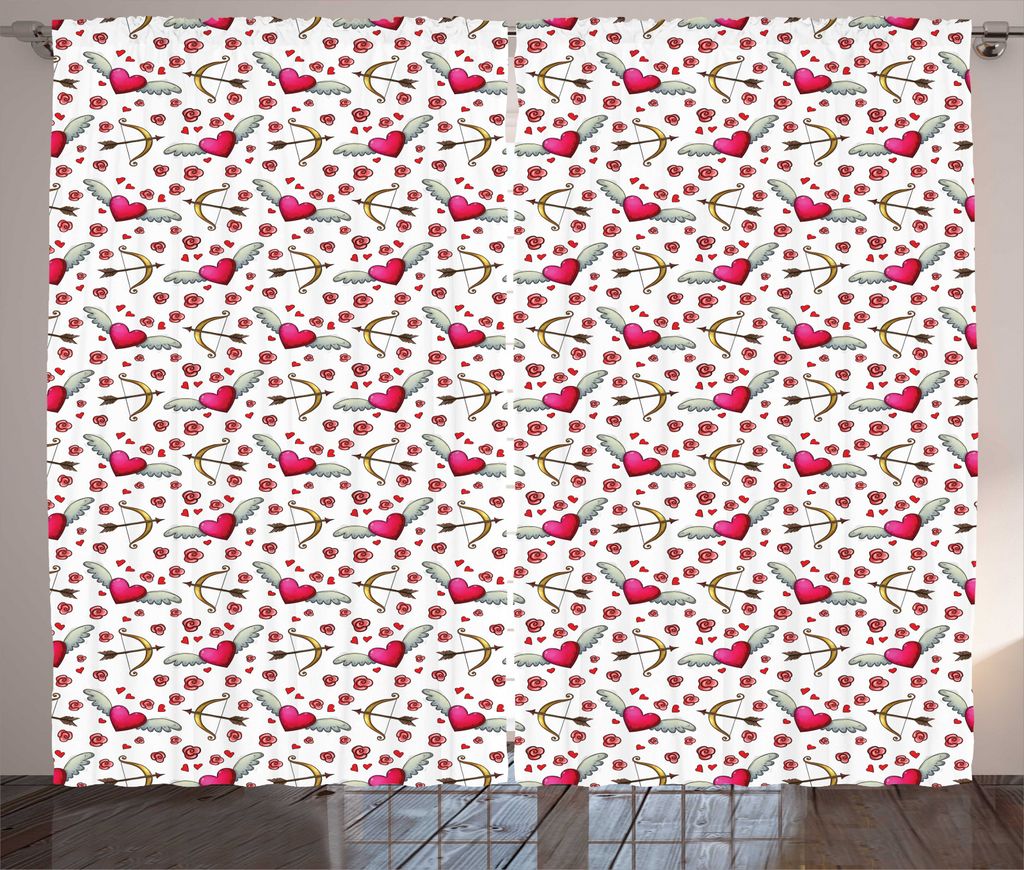 ABAKUHAUS Valentinstag Rustikaler Vorhang, Liebes-Symbole Kunst, Wohnzimmer Universalband Gardinen mit Schlaufen und Haken, 280 x 225 cm, weiß Mul...