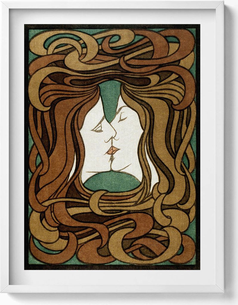 Illustration von zwei sich küssenden Frauen– Wandbild mit Rahmen – Gerahmtes Bild – Wanddekoration – 60x80 cm – Weiß Rahmen