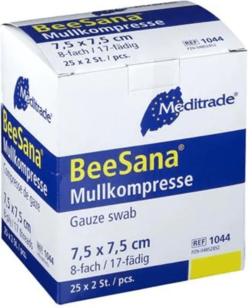 Meditrade BeeSana - Mullkompresse ohne RöKo, steril - 8-fach, 7,5x7,5 cm - 25 x 2 Stück
