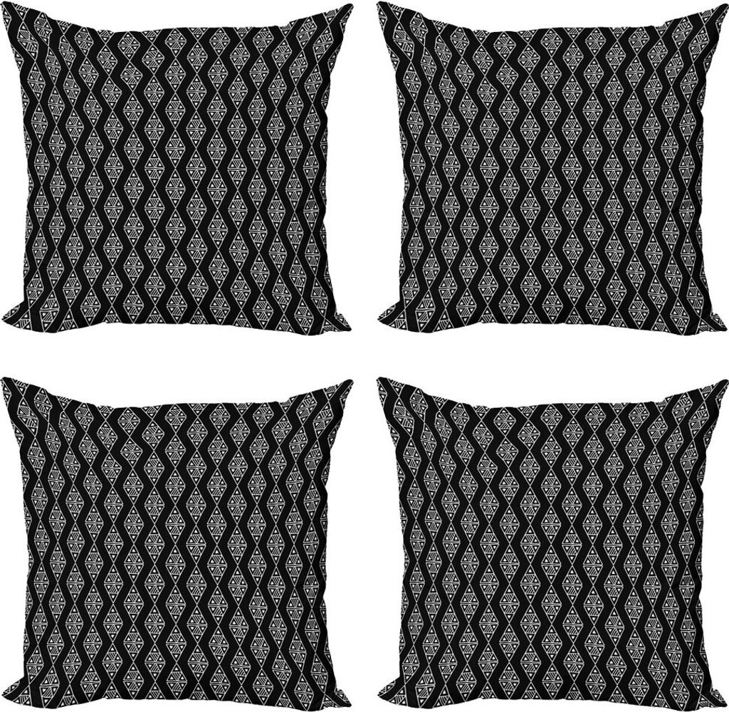 ABAKUHAUS Stammes Kissenbezug Set (4 Stück), Primitive Triangle Ikat, Moderner Doppelseitiger Digitaldruck, 50 cm x 50 cm, Schwarz und weiß