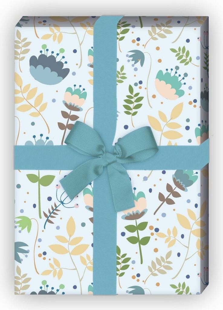 Schönes Blumen Geschenkpapier im Retro Design, hellblau - G8133, 32 x 48cm
