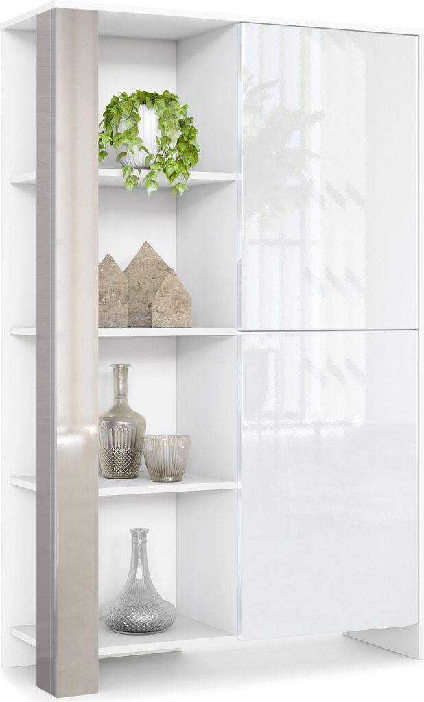Vladon Highboard Canto, Germany, hoher Schrank mit 2 Türen und 8 Fächern, Korpus Weiß matt, Fronten Weiß Hochglanz, Nachbildung-Paneele Sandgra...