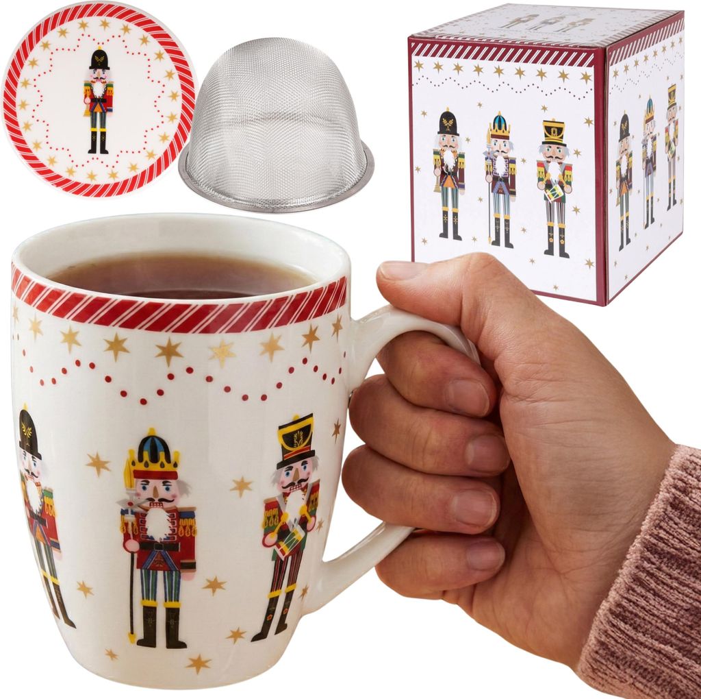 CHRISTMAS NUTCRACKER Teeset: Porzellanbecher 360 ml mit Teesieb und Deckel für Kräutertee, perfektes Weihnachtsgeschenk