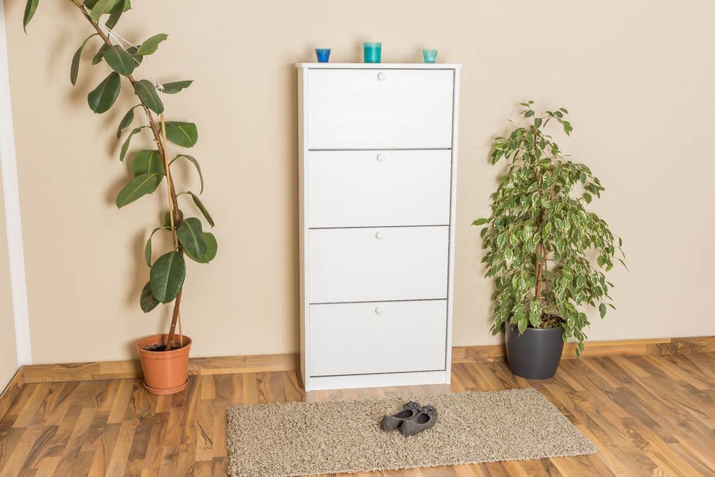 Schuhkipper Kiefer Holz massiv, Farbe: Weiß 150x72x30 cm, Schuhschrank Schuhkommode