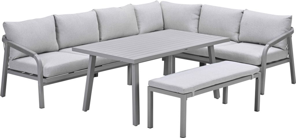A sectional outdoor furniture set with a table and bench.