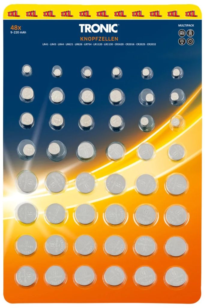 Tronic Knopfzellen 48x Multipack Batterie LR41 LR43 LR44 LR621 LR626 LR754 LR1120 LR1130 CR1620 CR2016 CR2025 CR 2032