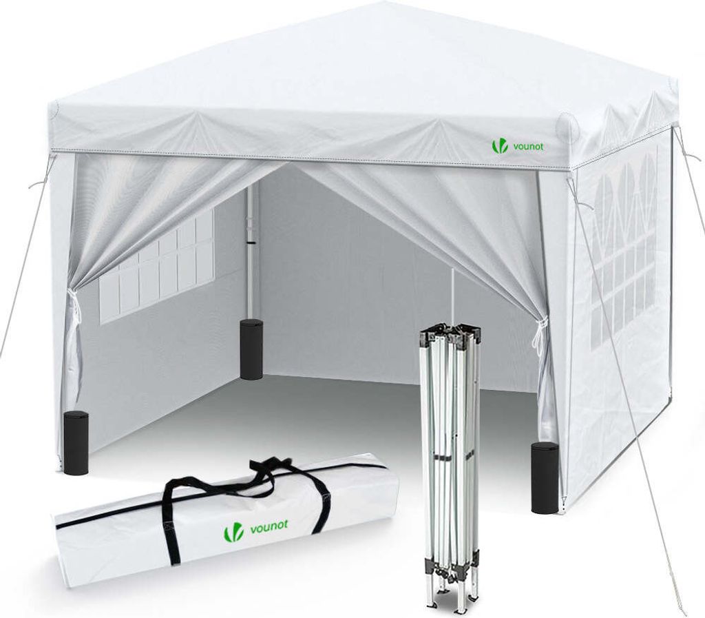 VOUNOT Pavillon 3x3m mit 4 Seitenteilen & 4 Sandsäcke, Pop Up Faltpavillon, Faltbar Gartenzelt Partyzelt, inkl. Tasche, Weiß