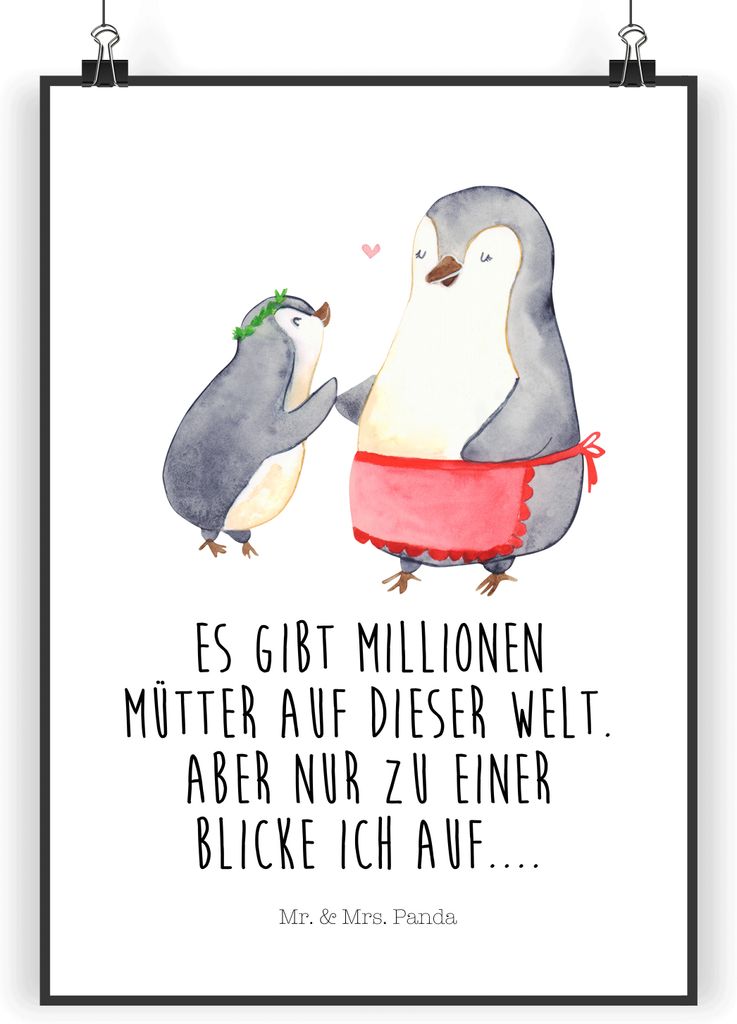 Mr. & Mrs. Panda Bild Pinguin mit Kind DIN A4 - Weiß - Geschenk, wanddeko, Mutter, Muttertag, Wandbild, Kunstdruck, Vorbild Mama, Tochter, poster,...