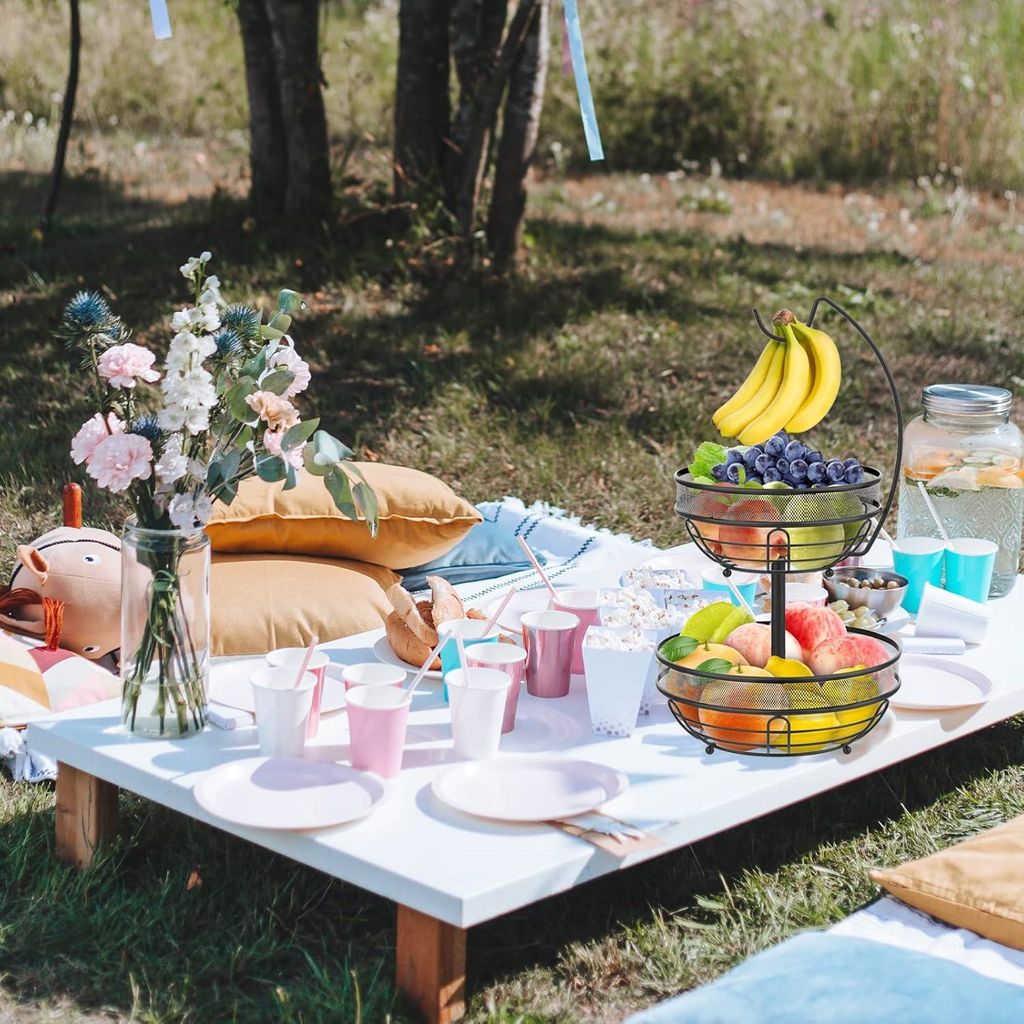 2-stufige Metall-Obstschale mit Bananenhalter - abnehmbare dekorative Obstschale für Küche und Küchenarbeitsplatte - schwarz