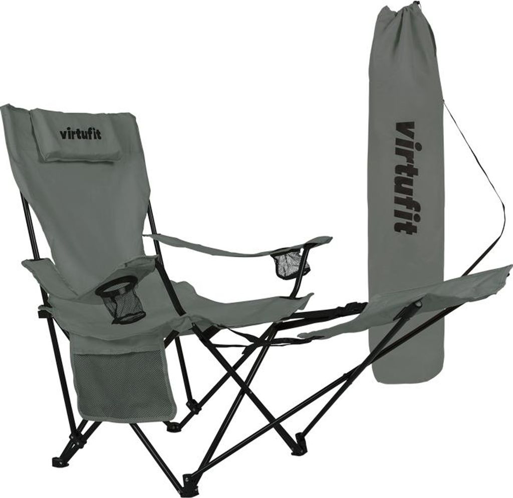 VirtuFit Klappbarer Campingstuhl mit Fußstütze und Becherhalter Grau
