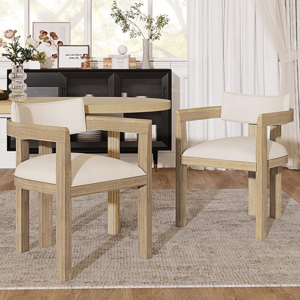 Flieks Esszimmerstühle 2er Set, Küchenstühle mit Armlehnen, Polsterstühle mit Leinenbezug, Wohnzimmerstuhl, 57.5x60.5x78.5cm, Naturfarbe