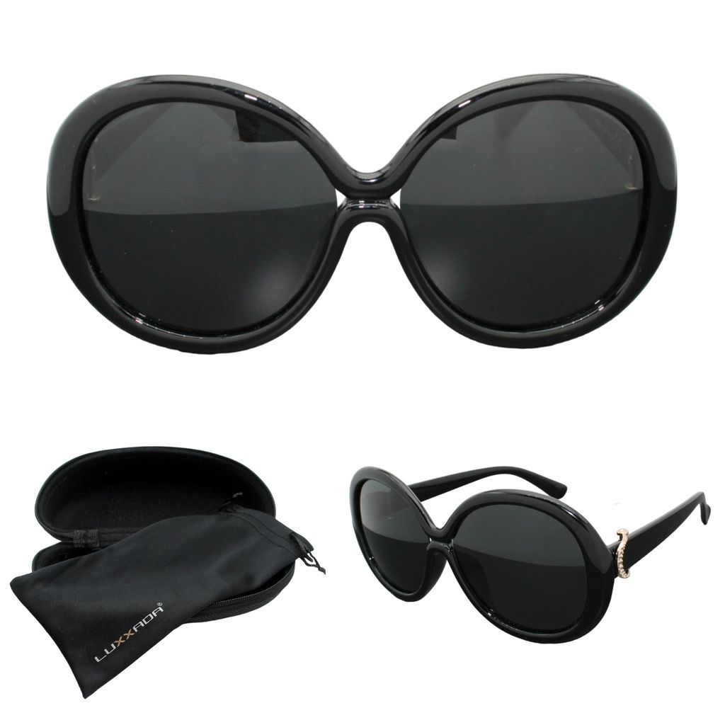 Damen Sonnenbrille Oversized Schwarz Polarisiert Getönt Runde Vintage Retro Brille Große Gläser Festivalbrille Luxxada