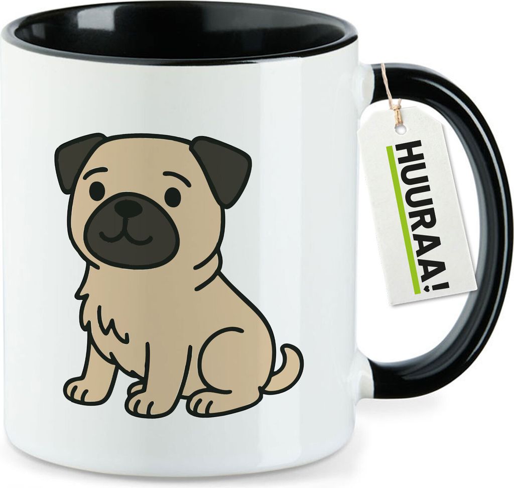 Huuraa Kaffeetasse Mops Pug Comic 330ml Schwarz Keramik Kaffeebecher Geschenkidee