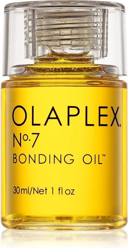 A close-up studio shot of a bottle of Olaplex No. 7 Bonding Oil.