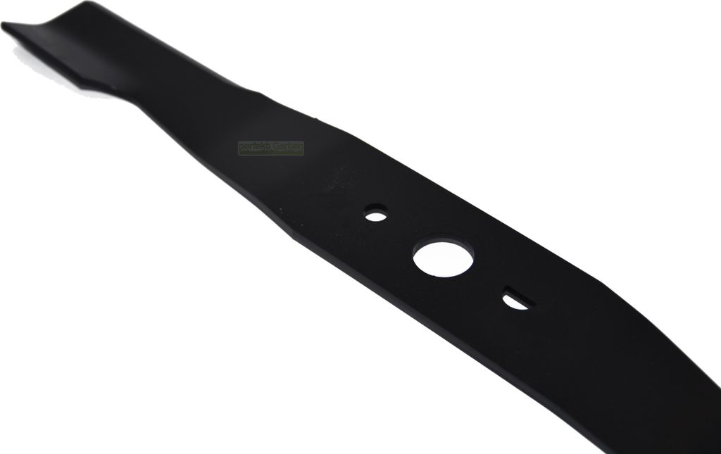 A black lawnmower blade is shown against a white background.