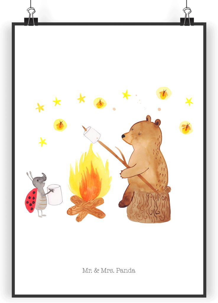 Mr. & Mrs. Panda Bild Bär & Marienkäfer Lagerfeuer DIN A4 - Weiß - Geschenk, Teddy, drucke, Plakat, Kunstdruck, Wandbild, wanddeko