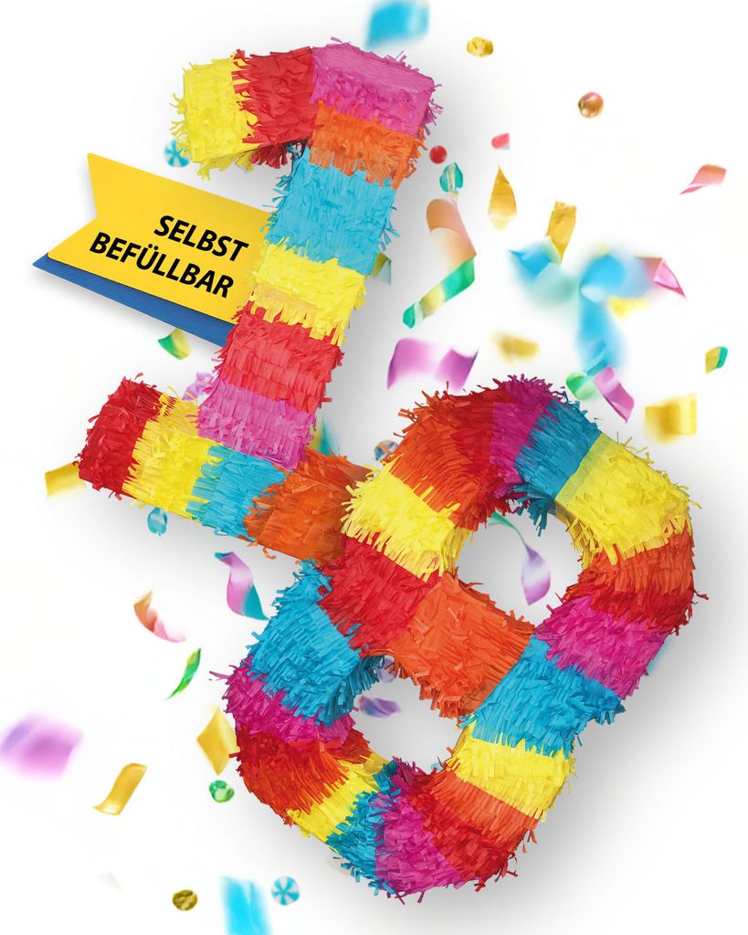 Piñata Zahl 18 für Party Deko Jubiläum Schlagspiel Zahlen bunte Pinata zum 18-ten Geburtstag Indoor Outdoor Spiel zum selbst Befüllen