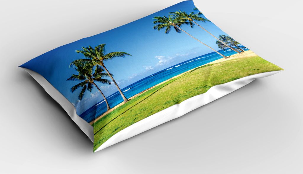 ABAKUHAUS hawaiisch Kopfkissenbezug, Kokosnuss Palmen Und Rasen Auf Sandy Poipu Strant In Hawaii Kauai Bild Druck, 40x80 cm, Blau Grün