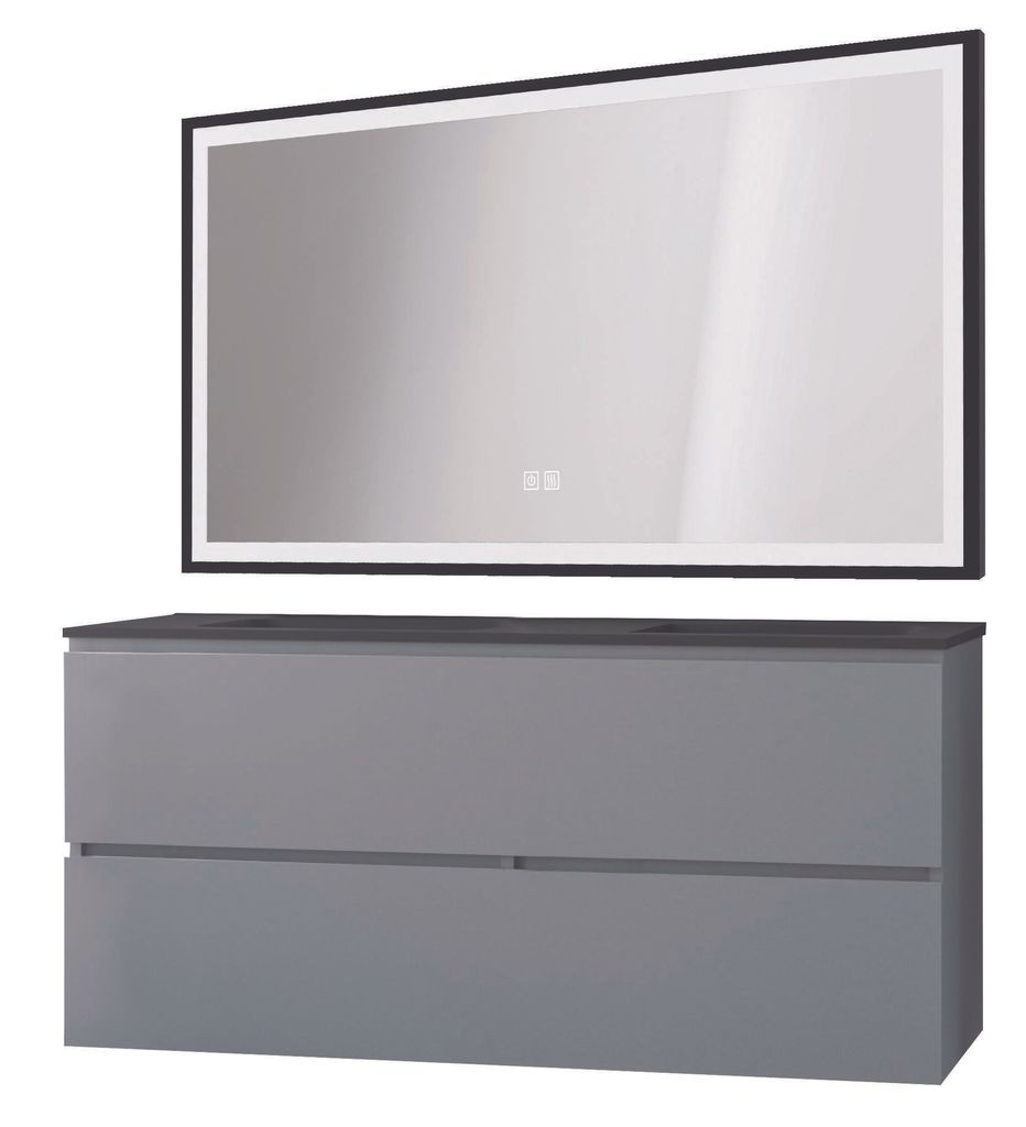 ONDEE ZEN – TRENDY Badezimmerschrank – 120 cm – Mattgrau – 4 Schubladen – Schwarze Arbeitsplatte + SELENA-Spiegel