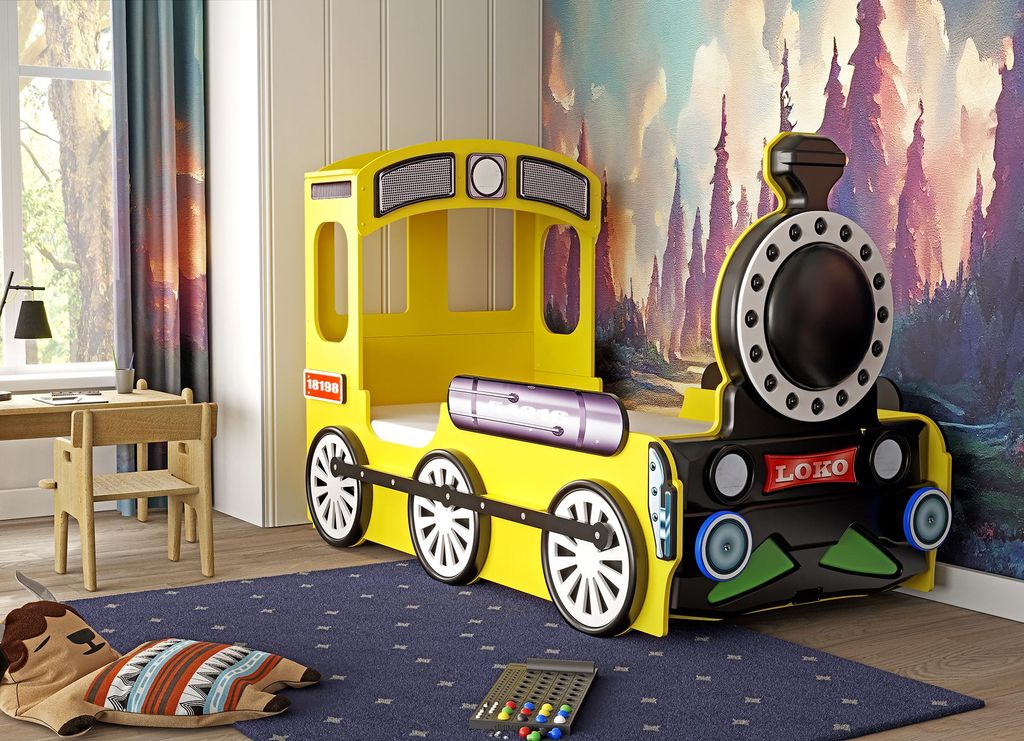 Kinderbett Lokomotive 90×190 cm – inkl. Matratze & Lattenrost, gelb