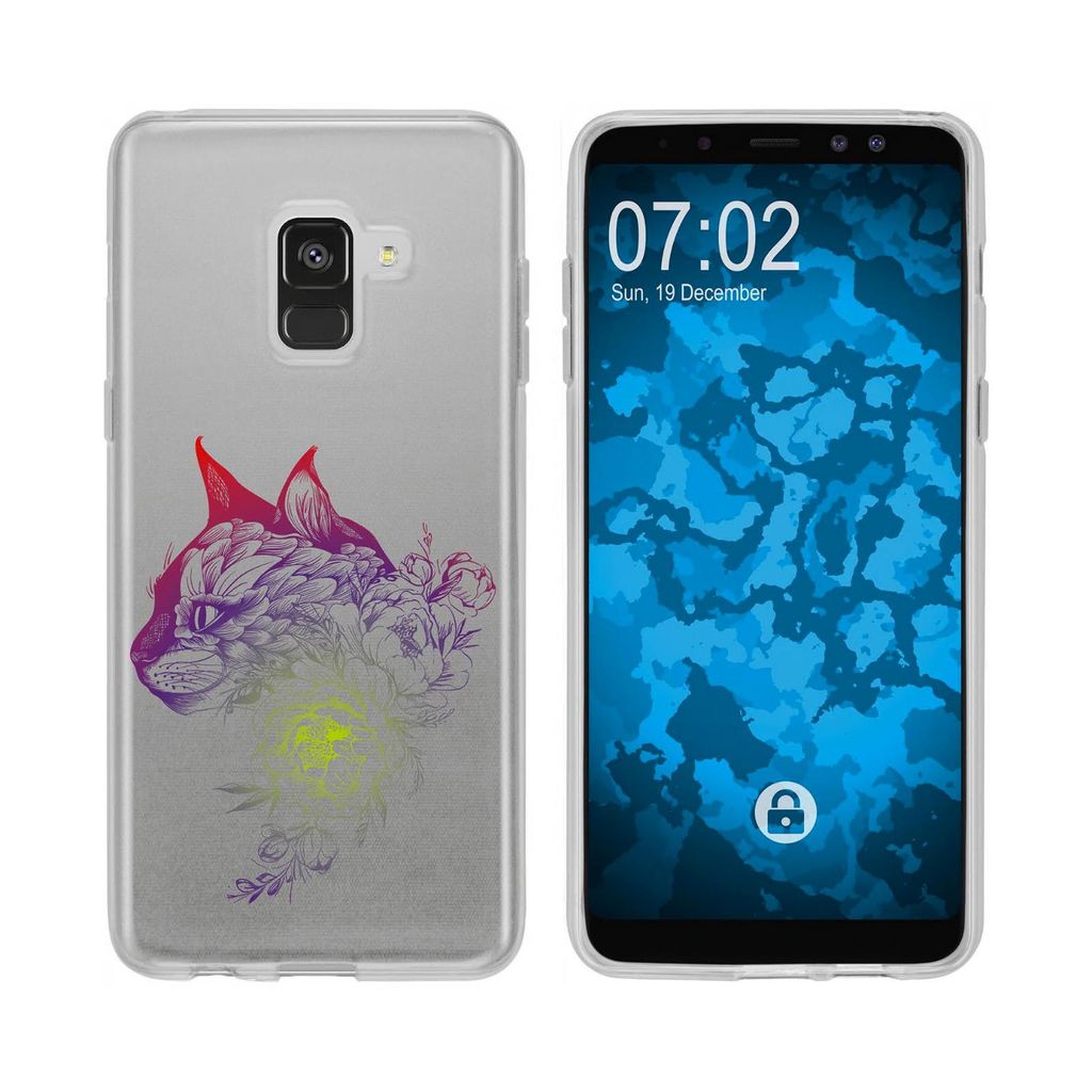 PhoneNatic Case kompatibel mit Samsung Galaxy A8 (2018) EU Version Silikon-Hülle Floral Katze M2-5