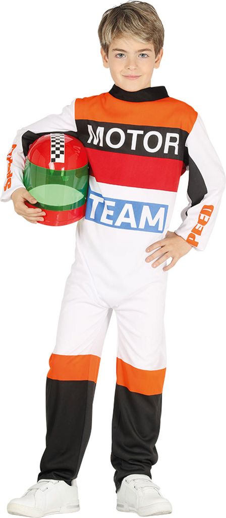 A young boy is posing in a racing suit and helmet.