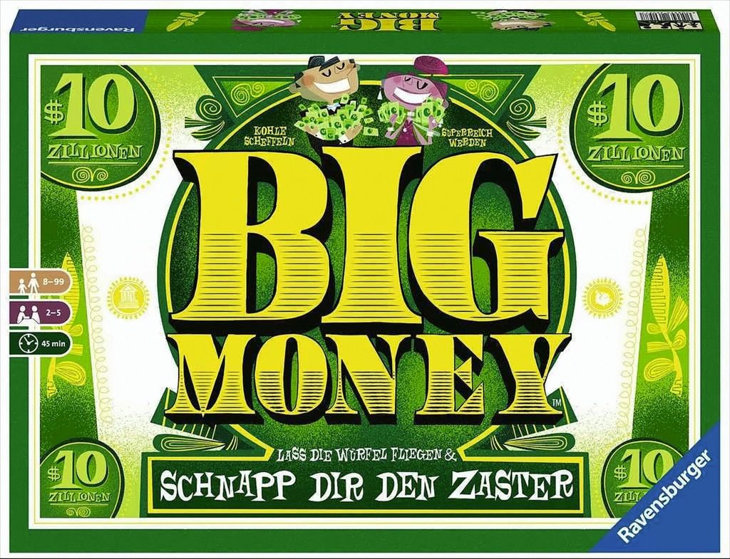 The image shows the front of the Big Money board game box. The box is predominantly green with yellow text and graphics. It features cartoon characters, money symbols, and game details.