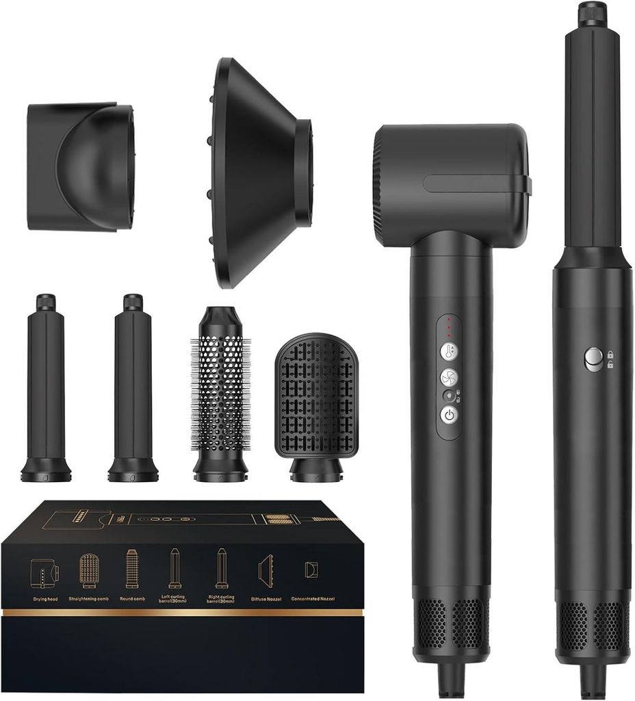 7 in 1 Hairstyler Haarstyler, Föhn mit Diffusor, Warmluftbürste, Lockenstab Automatisch, Haarglätter Bürste für Trocknen, Locken, Glätten, St...