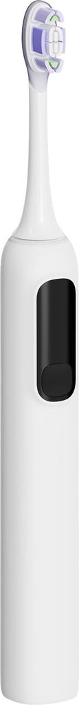 A white electric toothbrush with a black accent and a purple indicator on the brush head.
