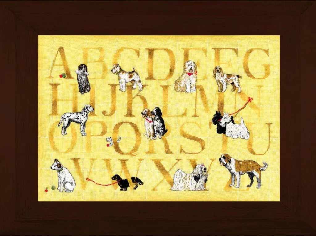 Kit broderie pour décoration murale Dog Sampler Yellow format 38x26