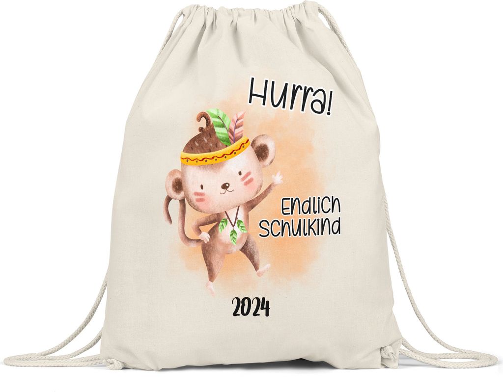 Endlich Schulkind 2024 Affe Turnbeutel Schuleinführung Geschenk zur Einschulung Schulanfang