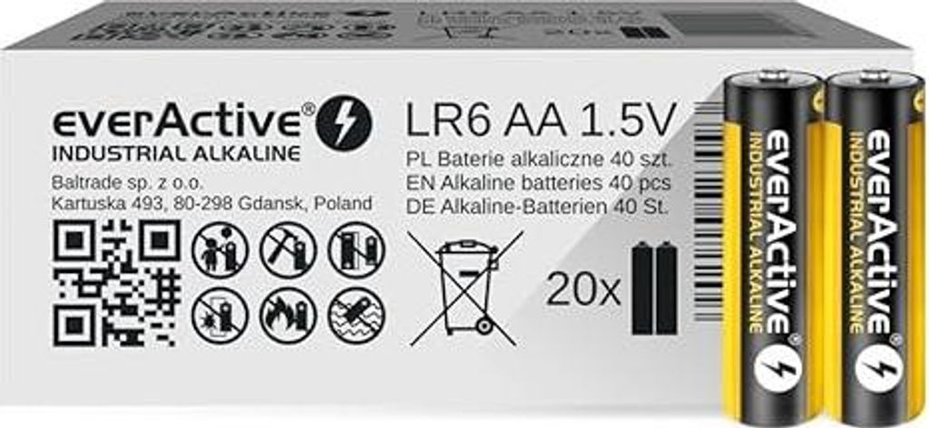 everActive AA Batterien 40er Pack, Industrial Alkaline, Mignon LR6 R6 1.5V, 5 Jahre Haltbarkeit, 40 Stück