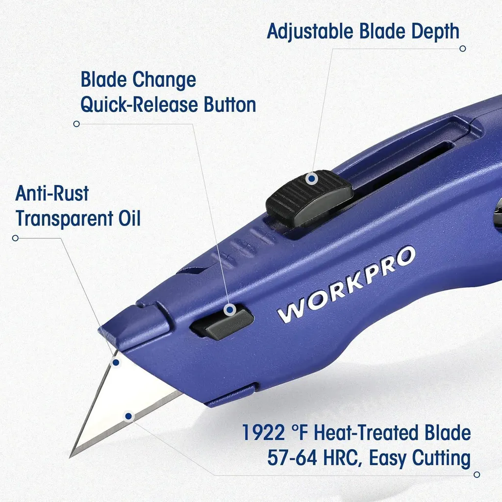 Cutter professionnel rétractable métal bleu WORKPRO avec ses 10 lames