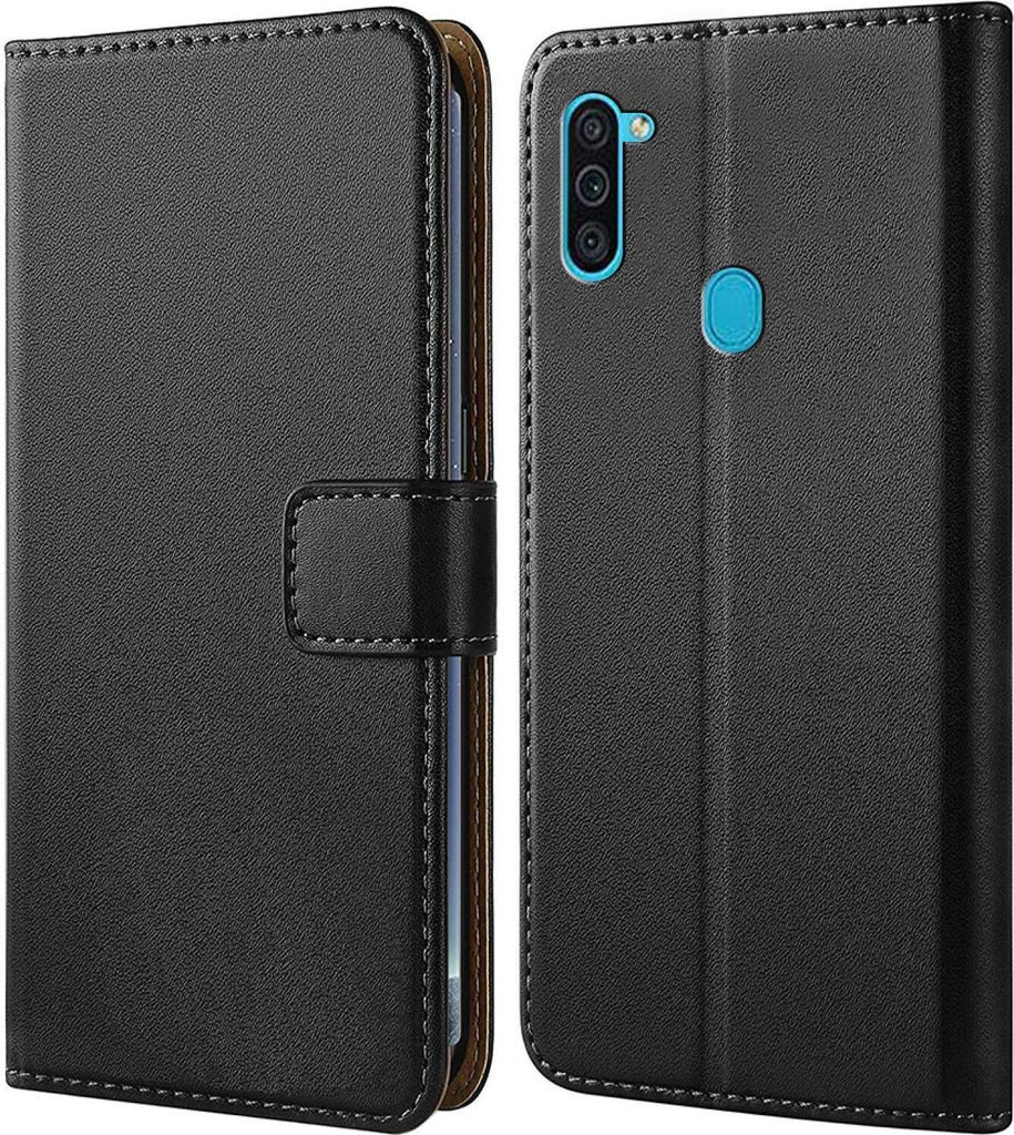 A black flip-style phone case is shown from the front and back.