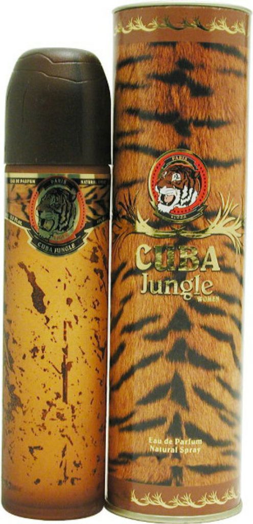 A bottle of Cuba Jungle Tiger Eau de Parfum spray and its cylindrical packaging, both featuring tiger stripe patterns and branding.