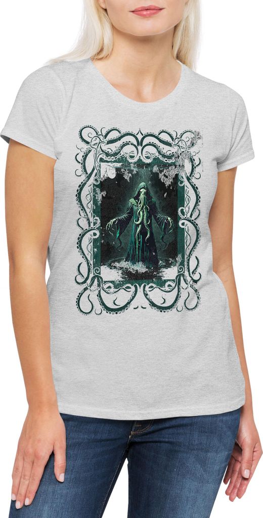 Urban Backwoods Cthulhu Death, Damen T-Shirt, Farbe: Hellgrau, Größe: XS