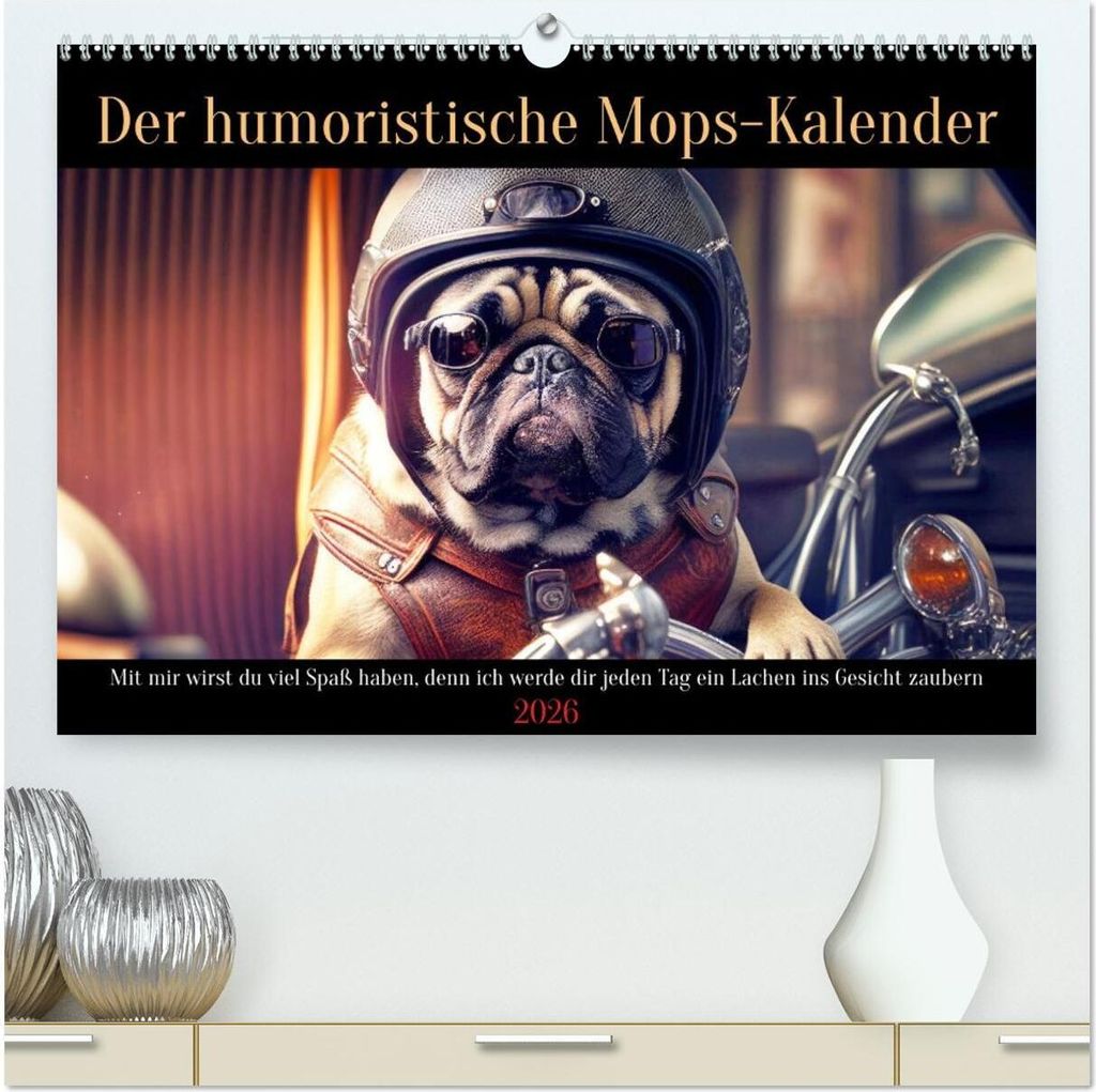 Der humoristische Mops-Kalender (hochwertiger Premium Wandkalender 2026 DIN A2 quer), Kunstdruck in Hochglanz
