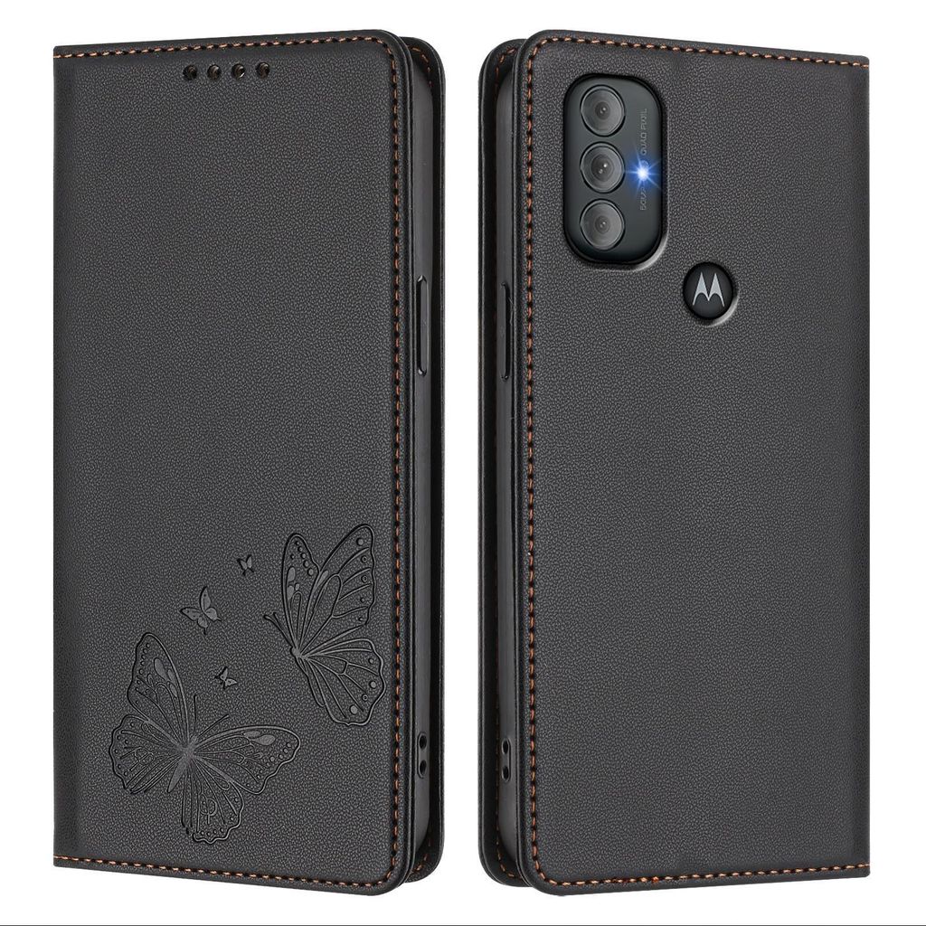 Lederhülle für Motorola Moto G Power 2022, Schmetterling Prägung Leder Brieftasche Schutzhülle mit Ständer Schwarz