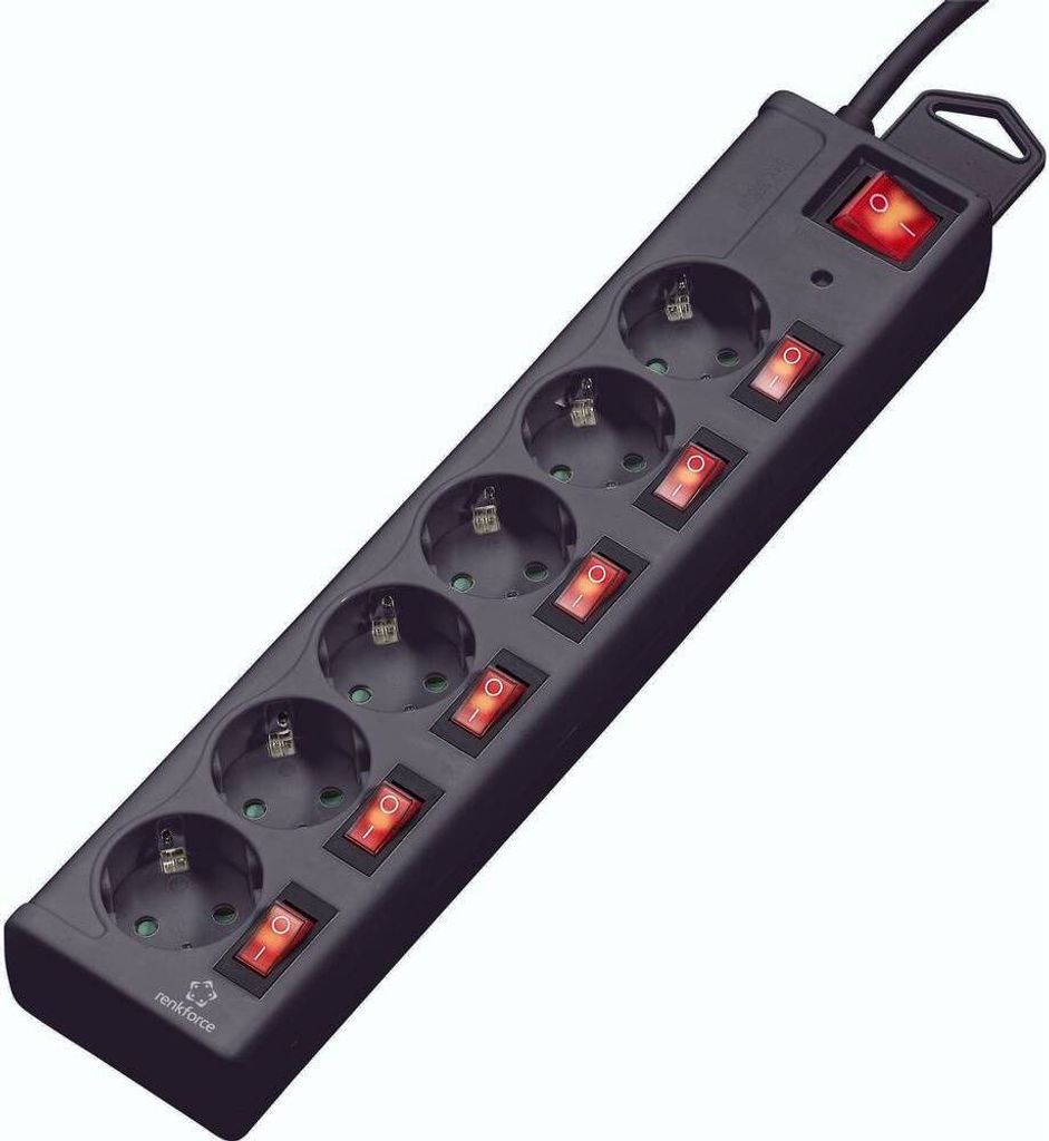 A black power strip with six outlets and individual switches, shown against a white background.