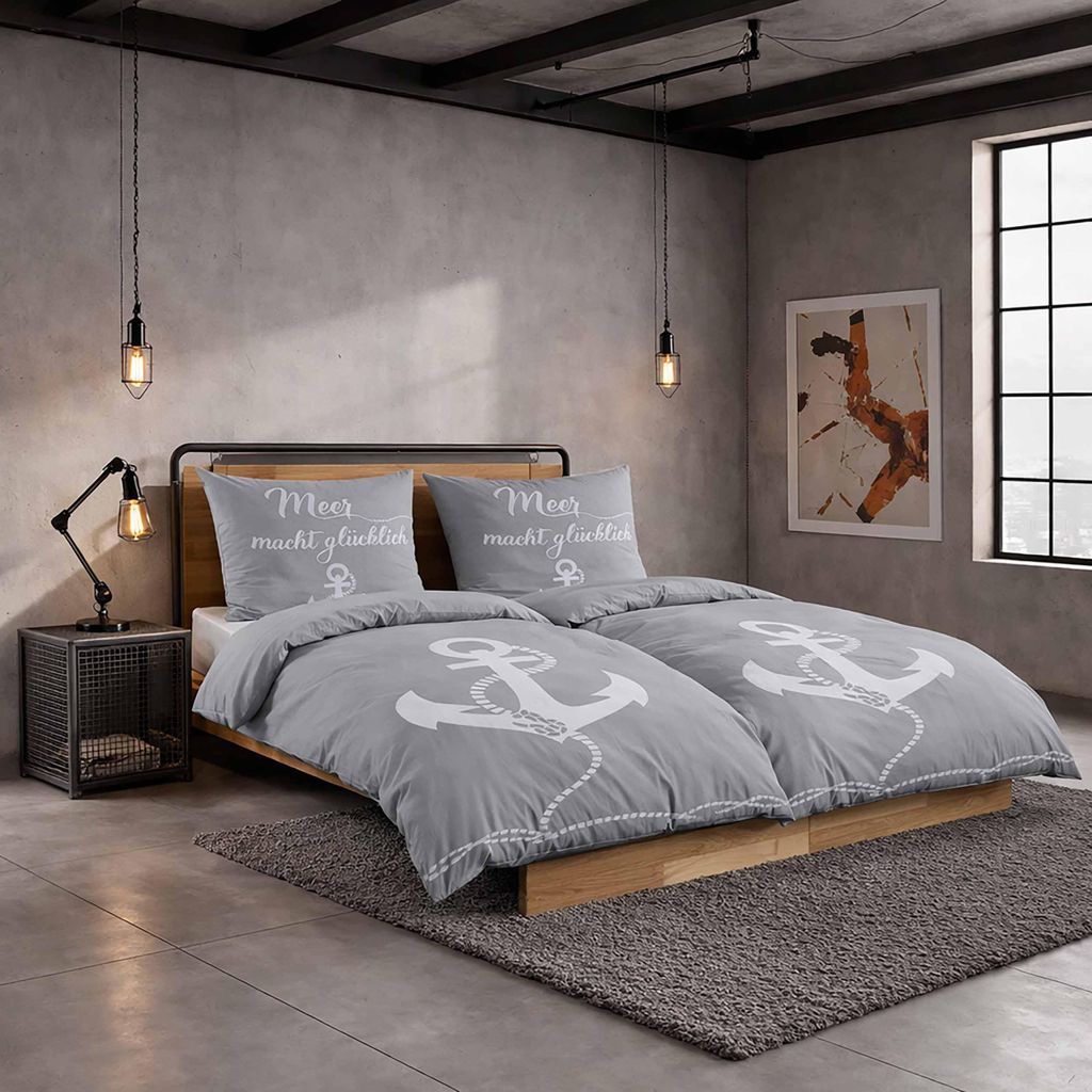 Renforce Bettwäsche 155 x 220 cm aus feinster Baumwolle mit Reißverschluss in Grau Weiß Maritim Anker