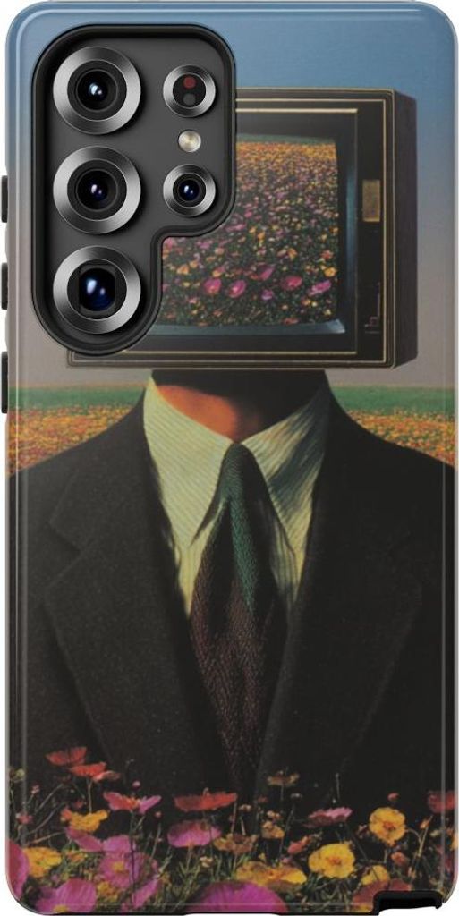 Surrealer Mann mit Fernseherkopf im Blumenfeld – Hülle Kompatibel mit Samsung Galaxy S25 Ultra