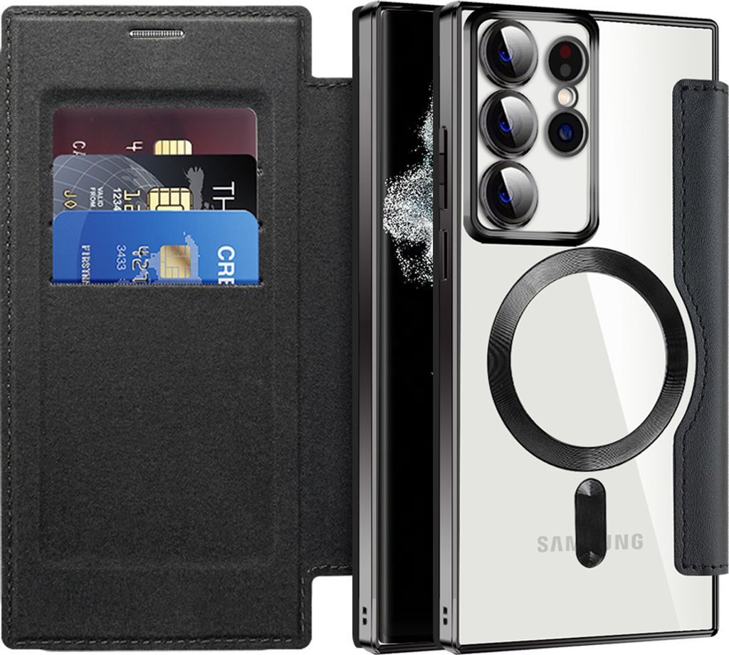 Klapphülle für Samsung Galaxy S22 Ultra 5G Kompatibel mit Magsafe, Klar Überzug Kartenhalter Ledertasche mit Kameraschutz Schwarz