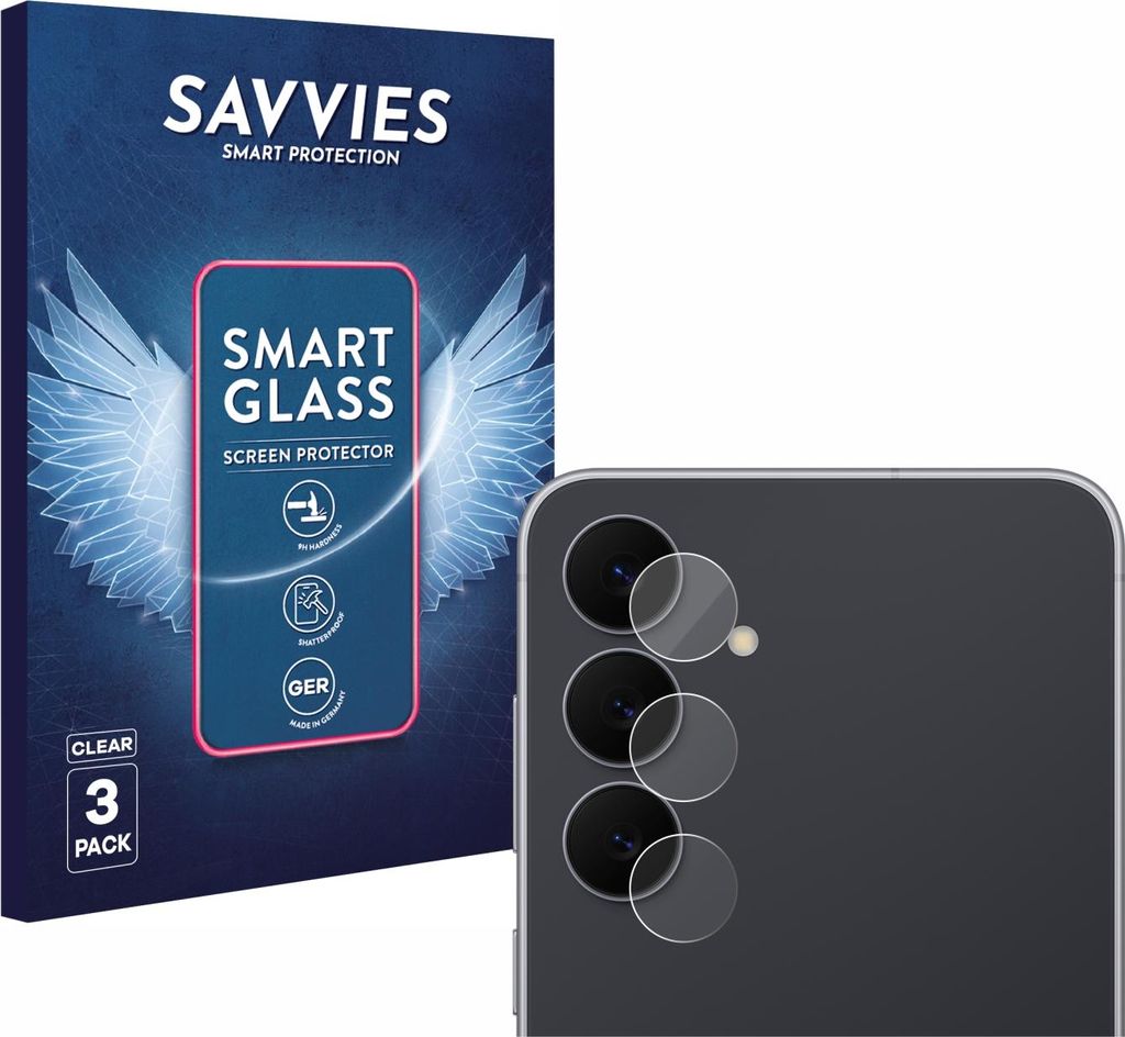 A product package for screen protectors is shown next to a smartphone with camera lens protectors applied.