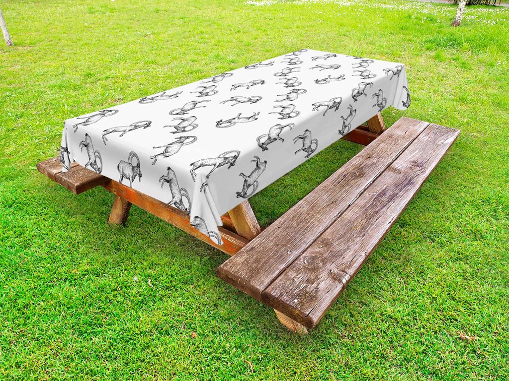 ABAKUHAUS Ziege Tischdecke Outdoor, Hand gezeichnet Wie Monochrome Skizze des Continuous Bergziege Tier, Weiß und Dunkelgrau, 145x210cm