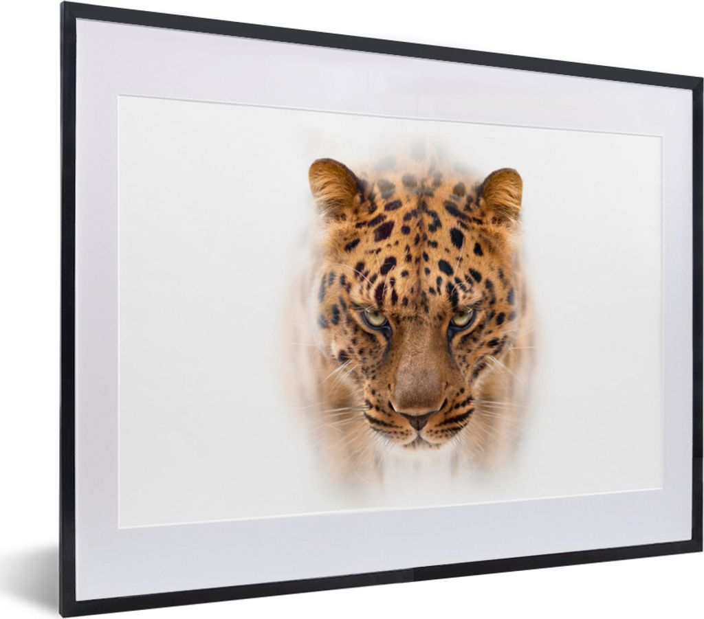 MuchoWow Gerahmtes Poster Leopard - Weiß - Gesicht 40x30 cm - Poster mit Schwarzem Bilderrahmen Wandposter Rahmen Foto Bilder - Bilderrahmen - P...