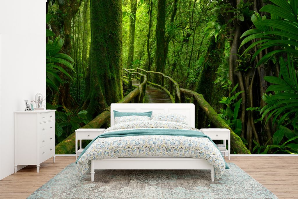 MuchoWow Fototapete für Wohnzimmer oder Schlafzimmer Wandtapete Vinyl Motivtapete Dschungel - Brücke - Moos - Natur - Tropisch - 400x240 cm - G...
