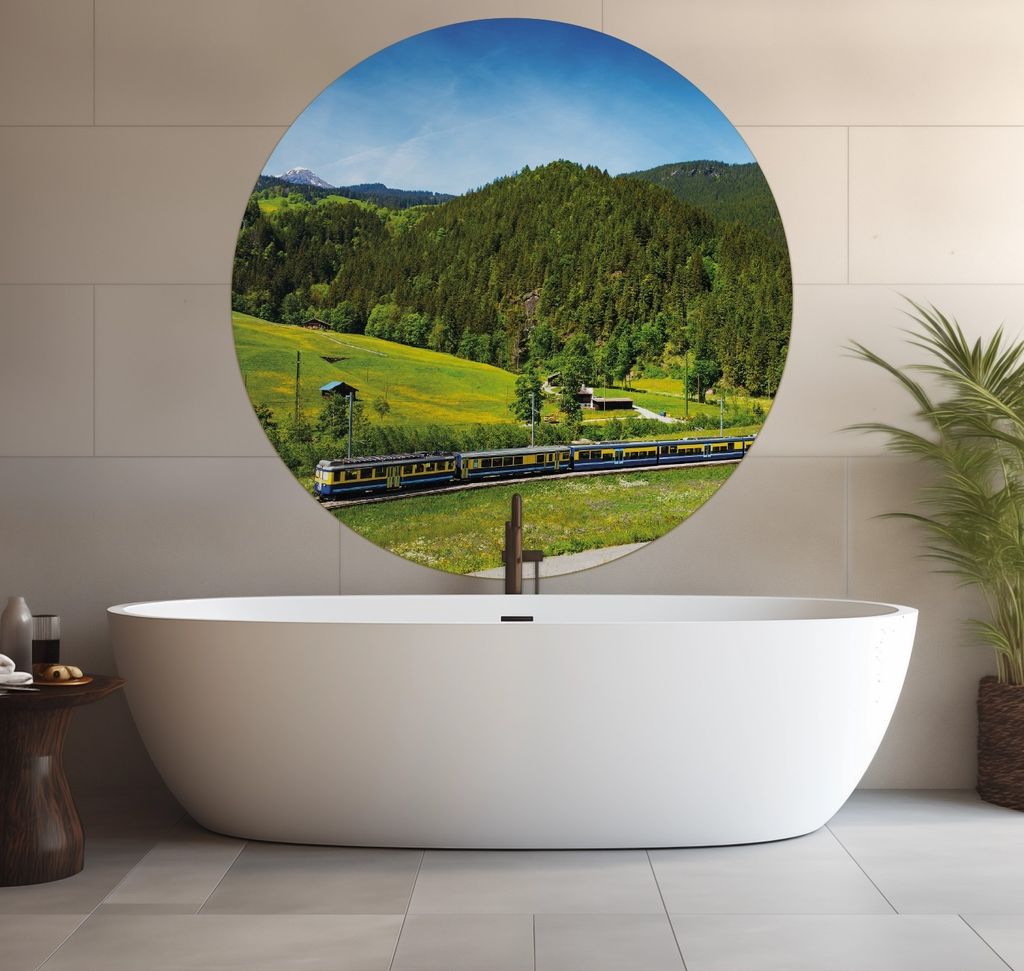 Wallario wasserfestes Poster selbstklebend 120 x 120 cm, Eisenbahn in einer Sommerlandschaft in der Schweiz, Badezimmerposter Spritzschutz mit Hoch...