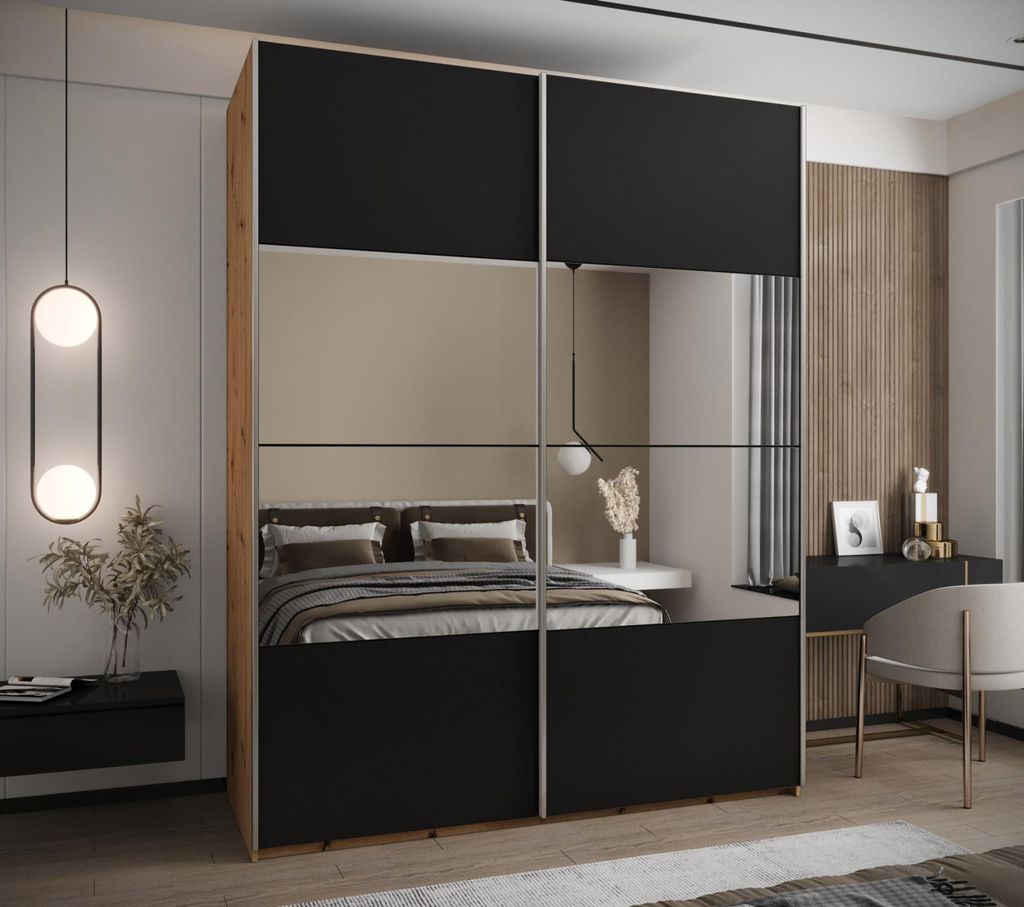 Zweitüriger Kleiderschrank SAMARA 4 - 190 cm, Eiche handwerklich / schwarz / silber