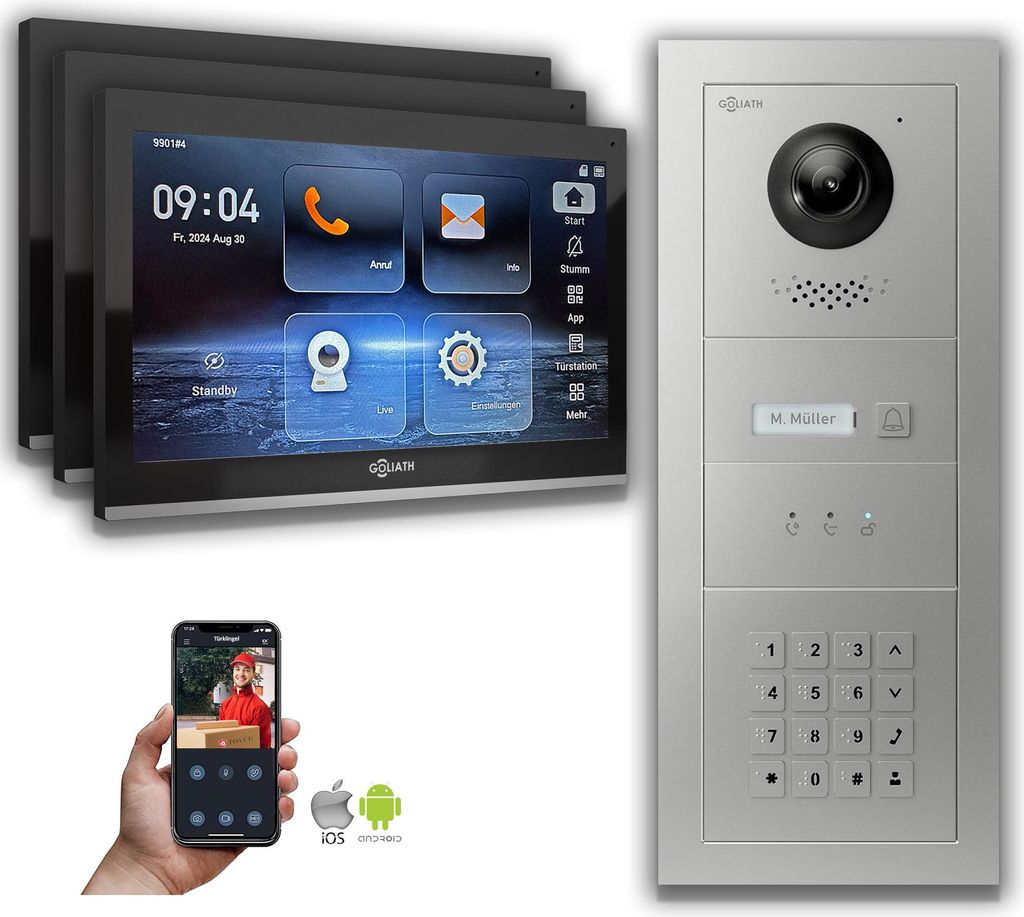 Goliath IP Video Türsprechanlage mit Kamera 10-Zoll Zahlencode Anzeige Silber : 10 Zoll in Schwarz : Aufputzdose : 3 Monitore Anzahl: 3 Monitore F...